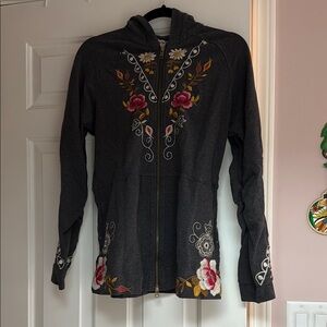 Johnny Was LA Gray Embroidered Hoodie with Floral Design